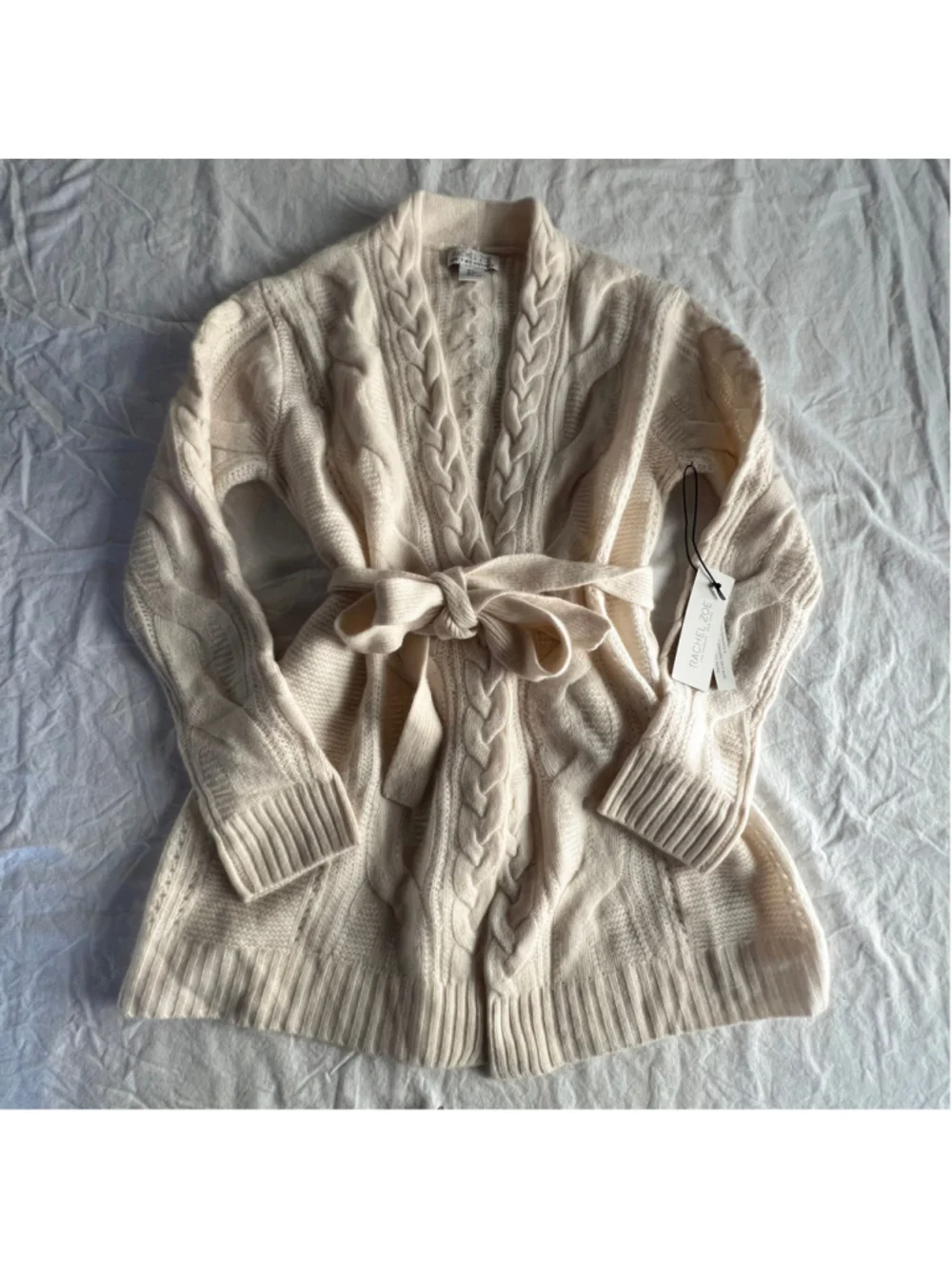 NWT Rachel Zoe Cream 100% 2-Ply Cashmere Cable Knit Belted Cardigan Sweater S - Picture 6 of 13